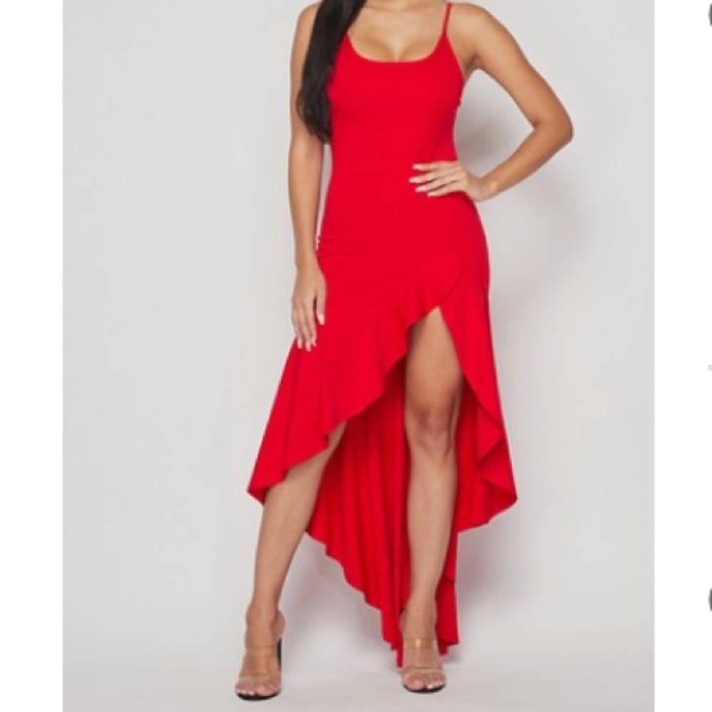 Red Spaghetti Strap Maxi Ruffle Stretchy Dress